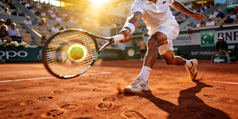 法国网球公开赛红土球场，选手正在奋力击球的比赛场景